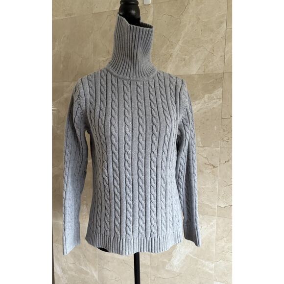 LL Bean Cableknit Turtleneck Sweater Cotton - L, Gray Classic Winter Cabincore - Picture 2 of 7